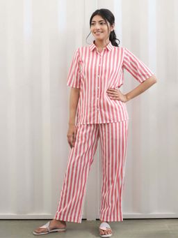 Dear Bed Comfort Clothing - Red Striped Rayon Shirt & Pyjama Lounge Set for Women