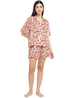 Dear Bed Comfort Clothing - Red Floral Pure Cotton Over Sized Shirt & Shorts for Women