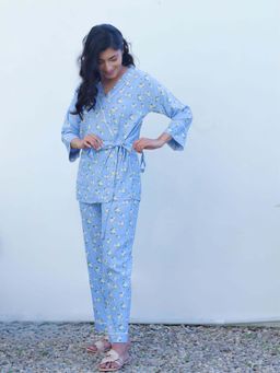 Dear Bed Comfort Clothing - Blue Floral Kimono Gown Style Cotton Rayon Lounge Set