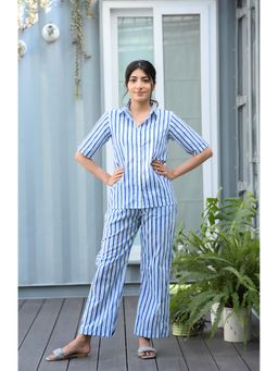 Dear Bed Comfort Clothing - Blue Stripe Cotton Night Suit For Women (Set of 2)