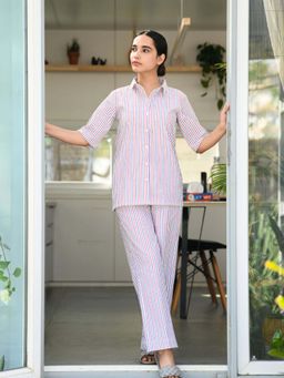 Dear Bed Comfort Clothing - Pure Cotton White Striped Shirt & Pyjama Set for Women