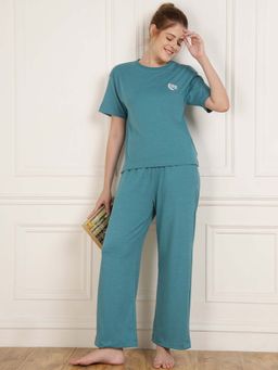 Dear Bed Comfort Clothing - Green Relaxed Fit Embroidered Tshirt Pyjama (Set of 2)