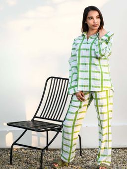 Dear Bed Comfort Clothing - Green White Checks Oversized Shirt & Pyjama Cotton Lounge Set (Set of 2)