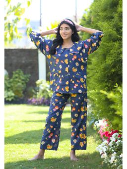 Dear Bed Comfort Clothing - Blue Fruity Print Peter Pan Collar Shirt & Pyjama Set (Cotton Rayon)