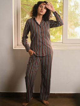 Dear Bed Comfort Clothing - Brown Striped Cotton Night Suit for Women (Set of 2)
