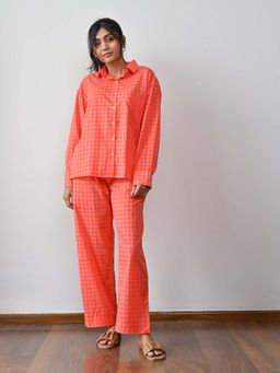 Dear Bed Comfort Clothing - Orange Checks Oversized Shirt & Pyjama Cotton Lounge Set