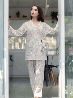 Dear Bed Comfort Clothing - White Floral Kimono Gown Style Cotton Rayon Lounge Set