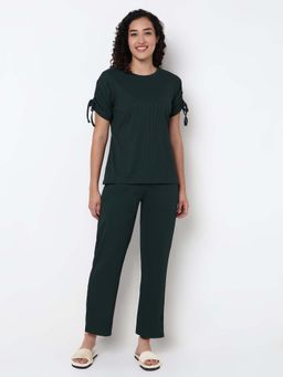 Smarty Pants - Womens Cotton Rib Bottle Green Color Round Neck Night Suit.