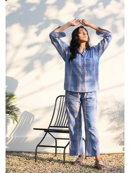 Dear Bed Comfort Clothing - Blue Oversized Checks Shirts Pyjama Cotton NightSuit