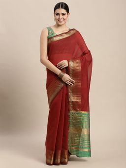 VAIRAGEE - Maroon and Green Striped Cotton Saree with Unstitched Blouse