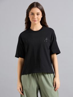 SKECHERS - Women Black Solid Oversized T-Shirt