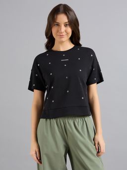 SKECHERS - Women Black Embellished Oversized T-Shirt