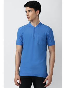 Peter England - Men Blue Solid Stylized Neck T-Shirt