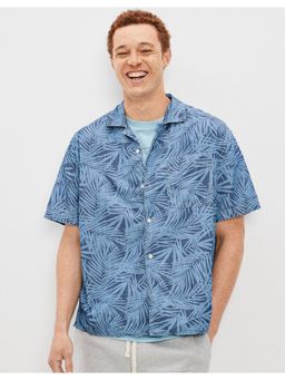 American Eagle - Men Blue Tropical Button Up Poolside Shirt