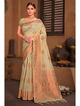 Sangam Prints - Sea Green Cotton Woven Zari Work Traditional Tassel Saree with Unstitched Blouse