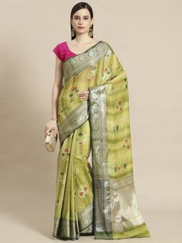 Banarasi Silk Works - Matka Woven Saree Green with Unstitched Blouse
