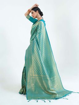Odette - Teal Silk Blend Woven Saree with Unstitched Blouse
