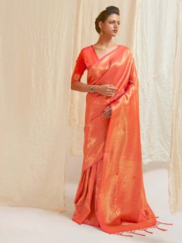 Odette - Orange Silk Blend Woven Saree with Unstitched Blouse