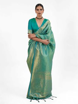 Odette - Teal Silk Blend Woven Saree with Unstitched Blouse