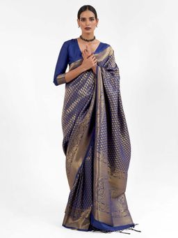 Odette - Navy Blue Silk Blend Woven Saree with Unstitched Blouse