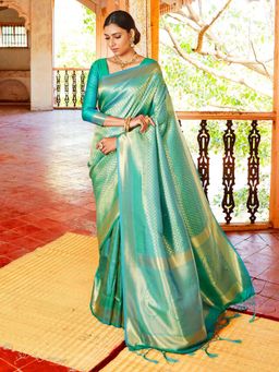 Odette - Teal Silk Blend Woven Saree with Unstitched Blouse