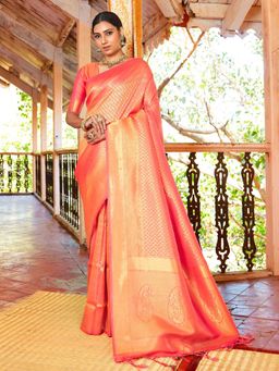 Odette - Orange Silk Blend Woven Saree with Unstitched Blouse
