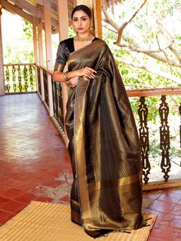 Odette - Black Silk Blend Woven Saree with Unstitched Blouse