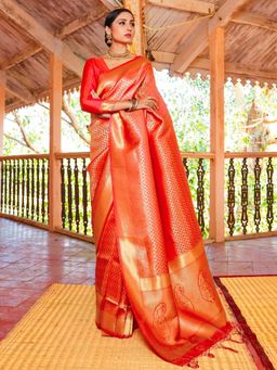 Odette - Red Silk Blend Woven Saree with Unstitched Blouse