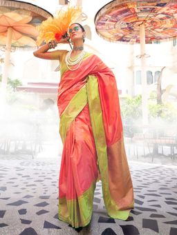 Odette - Peach Silk Blend Woven Saree with Unstitched Blouse