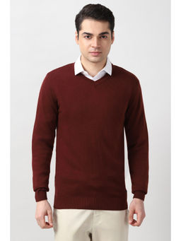 Peter England - Men Maroon Solid V Neck Sweater