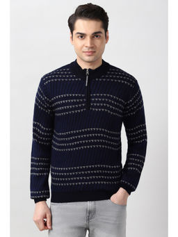 Peter England - Men Navy Blue Stripe Sweater
