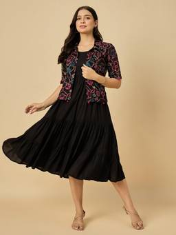 AZIRA - Women Black Rayon Fit and Flared Dress with Jacket
