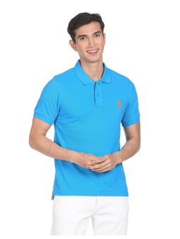 U.S. POLO ASSN. - Men Blue Pure Cotton Solid Polo T-Shirt