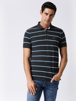 Dragon Hill - Half Sleeves Anthra Charcoal Striped Pique Polo T-shirt