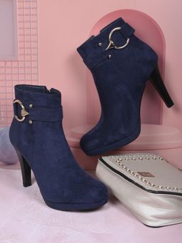 Ronnie Grey - Women Navy Blue Solid Mid Top Buckle Boots