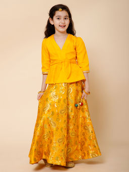 PICCOLO - Yellow Banarasi Lehenga with Organza Tie Blouse and Belt (Set of 3)