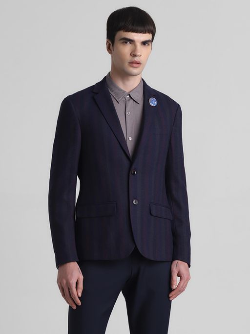 Jack & Jones Men Striped Slim Fit Navy Blue Single Breasted Blazer