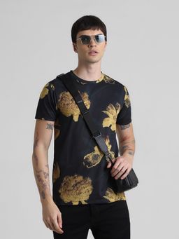 Jack & Jones - Men Floral Print Polyester Slim Fit Black T-Shirt