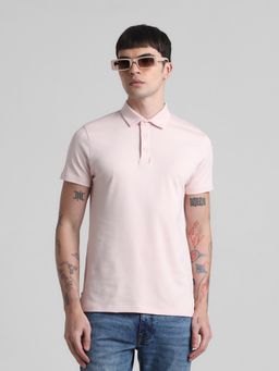 Jack & Jones - Men Solid Cotton Slim Fit Pink Polo T-Shirt