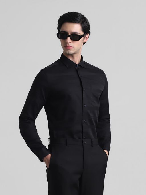 Jack & Jones Men Striped Cotton Slim Fit Black Shirt