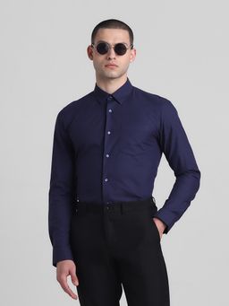 Jack & Jones - Men Solid Cotton Slim Fit Navy Blue Shirt