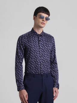 Jack & Jones - Men Printed Cotton Slim Fit Navy Blue Shirt