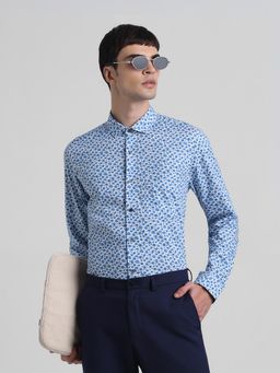 Jack & Jones - Men Floral Printed Cotton Slim Fit Blue Shirt