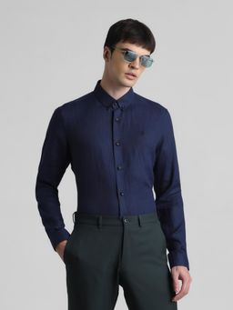 Jack & Jones - Men Solid Linen Slim Fit Navy Blue Shirt