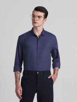 Jack & Jones - Men Solid Cotton Blend Slim Fit Navy Blue Shirt