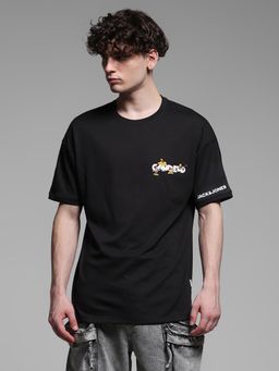 Jack & Jones - Men Graphic Print Cotton Blend Oversized Fit Black T-Shirt