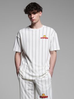 Jack & Jones - Men Striped Cotton Blend Oversized Fit White T-Shirt