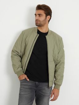 Guess - Men Green Solid High Neck Full Sleeves Bomber Jacket