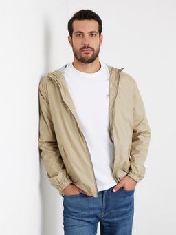 Guess - Men Khaki Solid Hooded Full Sleeves Jacket