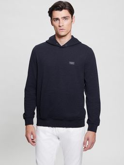 Guess - Men Navy Blue Solid Hooded Full Sleeves Pullover Style Sweatshirt